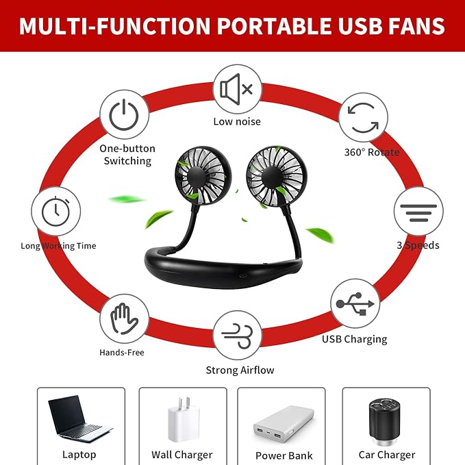 JUANANIUG Portable Neck Fan Rechargeable Personal HandFree Fan Mini USB Wearable Neckband Sport Fan 3 Speed Adjustable 360 Degrees Rotation Perfect for Working Traveling Office Reading (Full Black)