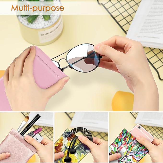 FINTIE Soft Eyeglasses Case with Cleaning Cloth, Portable Squeeze Top Vegan Leather Glasses Pouch, Sunglasses Eyewear Bag