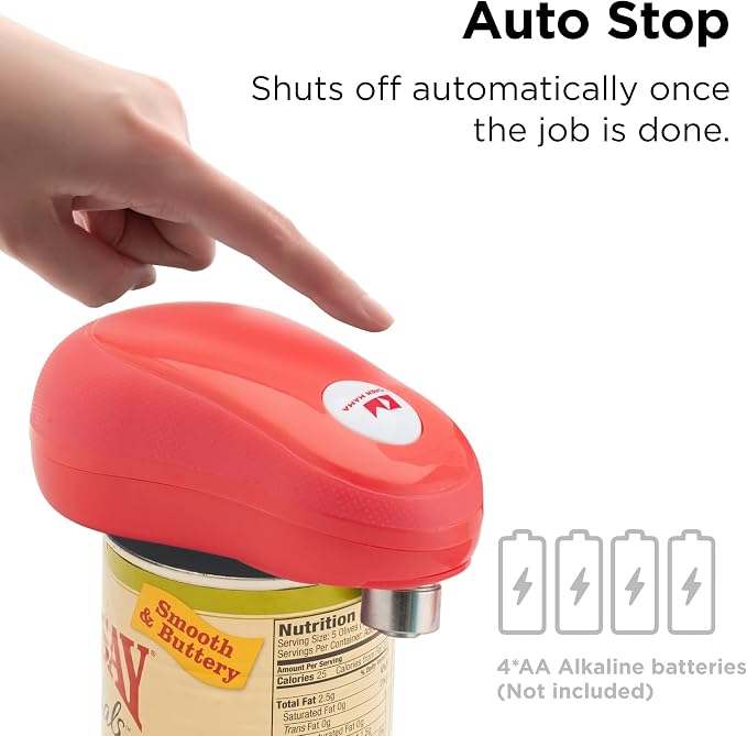 Kitchen Mama One Touch Electric Can Opener, Red | Opens with One Button Press, Auto-Stop, Smooth Edge, Cordless, Battery Operated