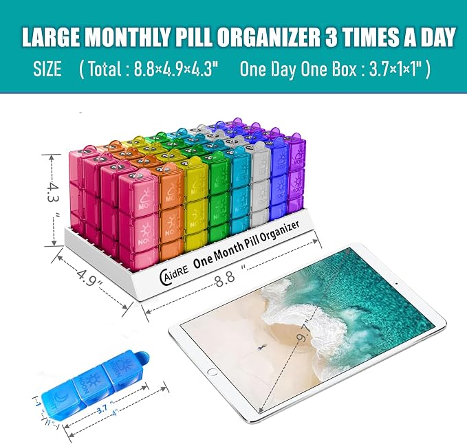 CAidRE Monthly Pill Organizer 31 Day 3 Times a Day – One Month Pill Box for Medications, Fish Oil, Vitamins & Supplements – 30 Day Daily Pill Case Organizer