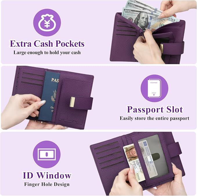 BKNOOU Passport Holder with Airtag Slot Travel Wallet Compact for Women Men, Leather Passport Wallet RFID Blocking Passport Holder for Travel with Zipper Coin Pocket, Holder Cash, Card (Purple)