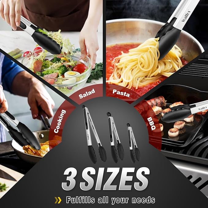 Walfos Kitchen Tongs - Heat Resistant Cooking Tongs Set of 3, Stainless Steel and BPA Free Silicone Tips, Great for Cooking, Grilling, Turning, 7" 9" and 12" (3 black silicone tongs)