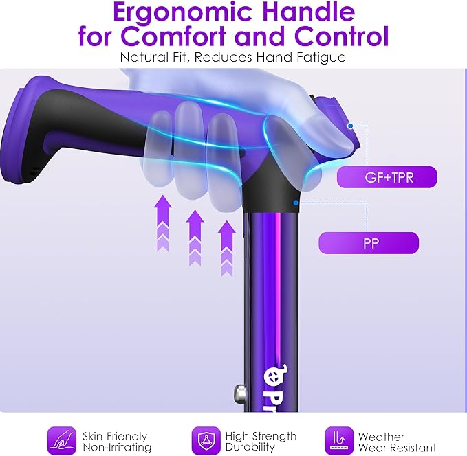 Walking Cane for Men & Women,Foldable,Adjustable,Self Standing Cane with Wrist Strap&Tag,350lbs Heavy Duty,All Terrain,Collapsible Walking Sticks for Seniors & Adults,Purple