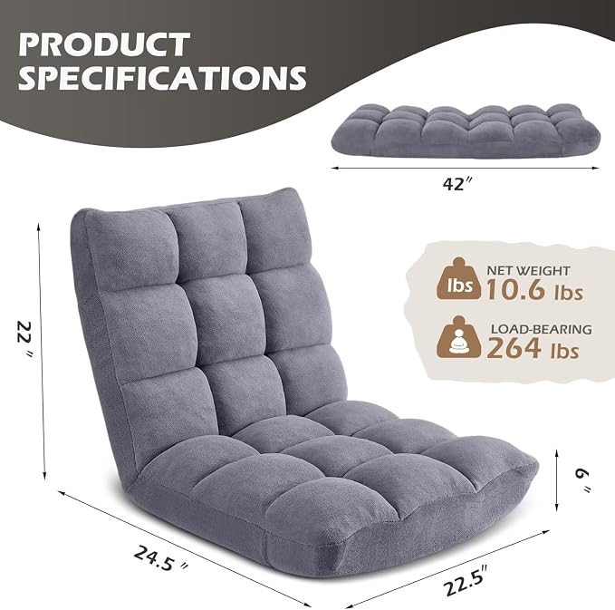 Folding Floor Gaming Chair 14-Poistion Cushioned Adjustable Floor Lazy Sofa Chair w/Breathable Cotton & Skin-Friendly Coral Velve for Adults & Kids Perfect for Reading Gaming Meditating, Grey
