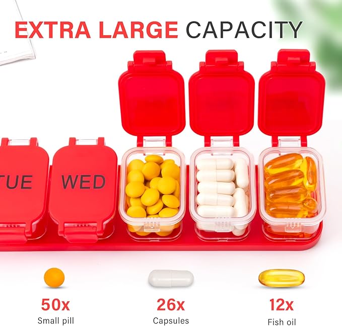 Extra Large Weekly Pill Organizer - Waterproof 7-Day Pill Box, Portable Vitamin & Supplement Case, Easy to Open Design, Ideal for Travel a nd Daily Medication Management (Red)