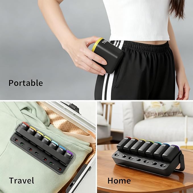 Weekly Pill Organizer, 7 Day Once a Day Pill Box with Visual Check Indicators, Detachable Travel Pill Case, Large Capacity Vitamin & Medicine Organizer (Black)