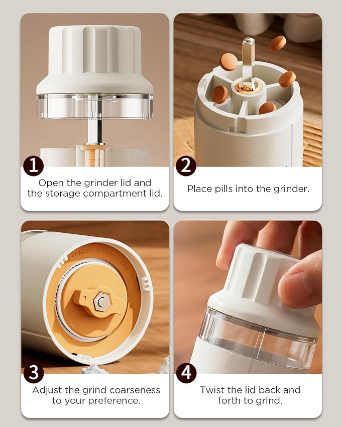GAONLY Ceramic Core Small Pill Crusher Fine Powder –Manual Pill Grinder for Elderly & Pets, Free Twist-to-Grinder for Arthritic Hands, Crushes Meds/Vitamins to Fine Powder (White)