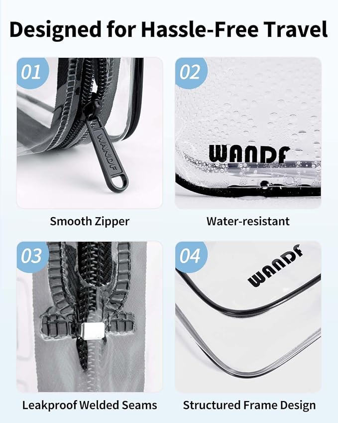 WANDF TSA Approved Toiletry Bag, 2 Pack Clear Makeup Bag | Quart Size, Airport Carry-On, TSA Liquids Travel Bag, Clear PVC, Women Men Travel Essentials