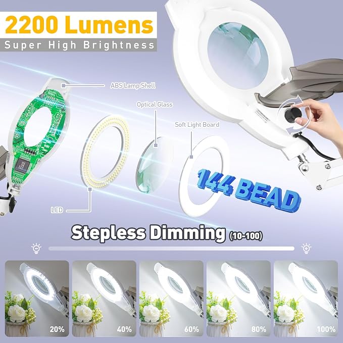 2200 Lumens Mag Lamp for Estheticians, 2-in-1 Magnifier Floor Light | 144 LED Stepless Dimmable, 10X Real Glass, 4 Wheel Rolling Stand Mag Lamp for Estheticians Facial Tattoo Craft Reading