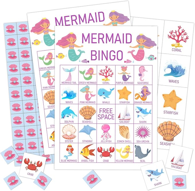 Mermaid Bingo Cards, 24 Player Under The Sea Party Bingo Game for Family Adult, Ocean Mermaid Party Favor, Large Group Party Celebration Activity -08