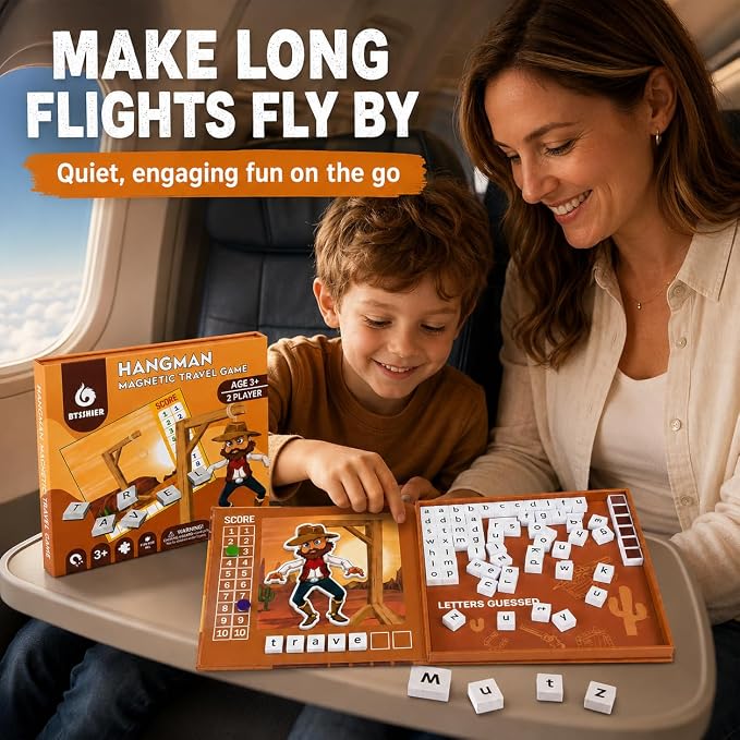 Magnetic Hangman Game for Kids Ages 4-10, Reusable Travel Word Game, Screen-Free Learning Toy for Road Trips, Airplane Activities and Car Rides