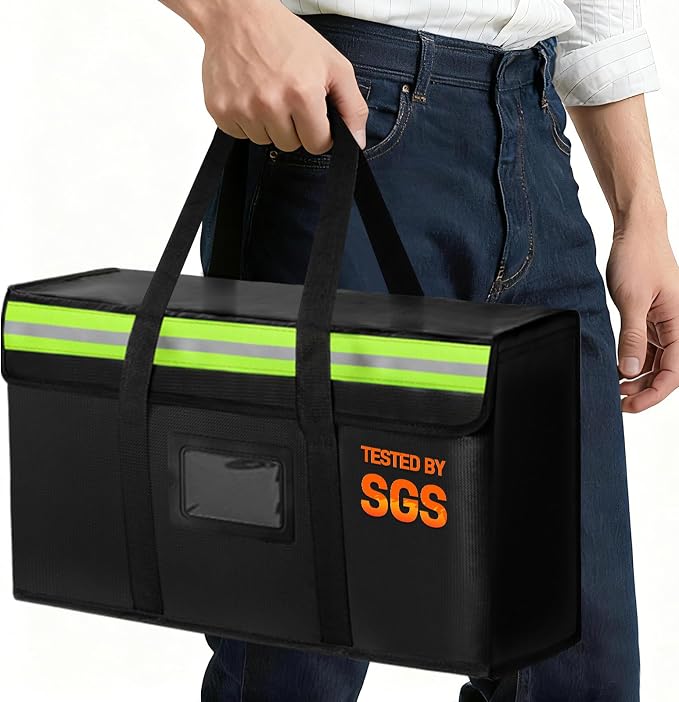 Large Fireproof Document Bag for Home Safe Storage, 15 x 12 x 6in, Black | 2000°F fireproof document box, 4-layer fiberglass important document storage for photo, file and cash with reflective strip