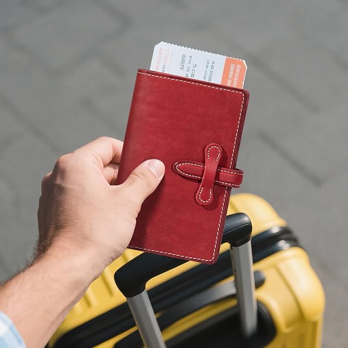 Leather Passport Holder for Travel,Passport Wallet,Red | RFID Blocking Card Slot,Top-Grain leather with Magic Buckle,Boarding Pass Pocket,Retro Style,Slim and Light-weight