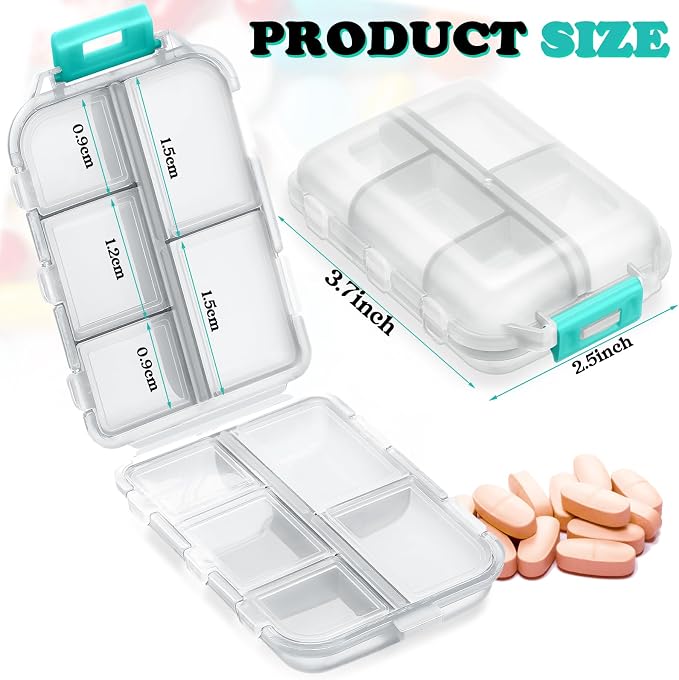 Meekoo 8 Pcs Travel Pill Organizer Pocket Portable Pill Case Daily Container Small Container Medicine Travel with 10 Compartments for Purse Fish Oil Medicine(Clear White)