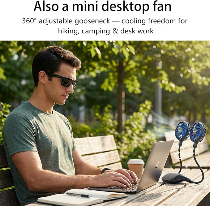HandFan 10000mAh Portable Neck Fan Rechargeable, 48Hrs Long-Lasted Wearable Personal Fans, Hands Free Necklace Fans, Hanging Cooling Fan for Travel, Hiking, Fishing, Gifts for Women Men