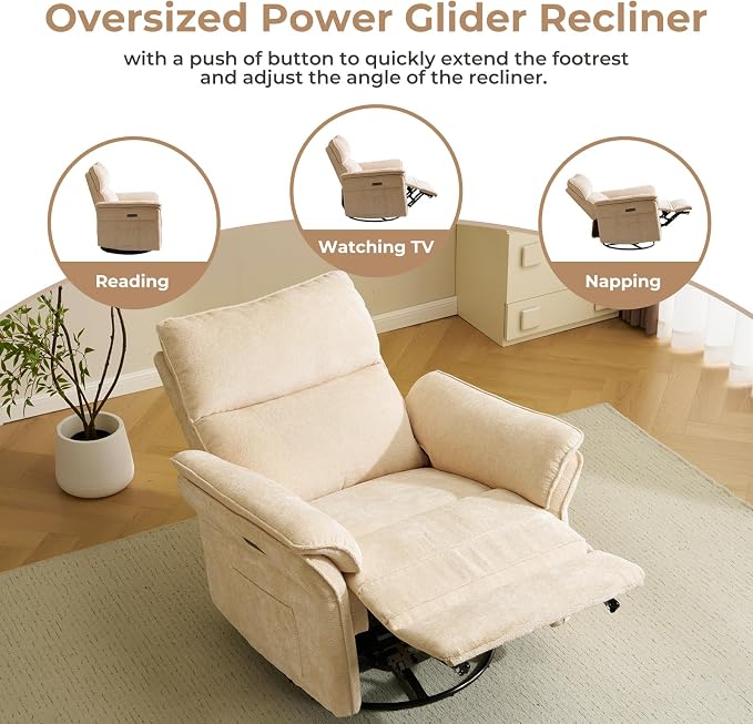 Oversized Power Recliner Chair Swivel Glider with Massage and Heat, Rocker Nursery Recliner for Adults with Adjustable Headrest, 24" Extra Wide Nursery Chair with Overstuffed Armrest,Beige
