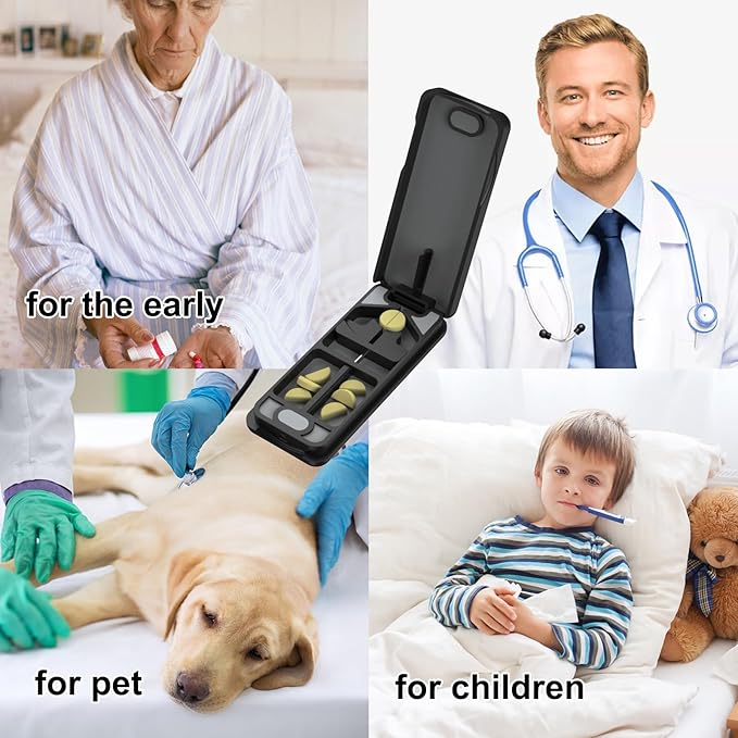 Pill Cutter with Auto Centering Device, Aluminum Pill Splitter with 316L Stainless Blade, Genuine Leather Case, Professional Pill Splitter for Cutting (Plastic,Black)