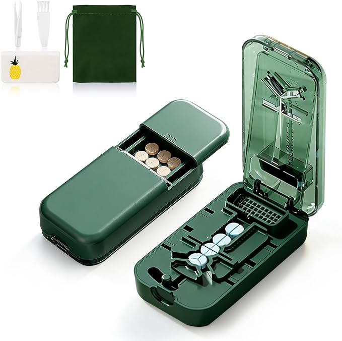 3-in-1 Adjustable Pill Cutter for Small & Large Pills, Professional Pill Splitter Cuts Tablets into 1/2, 1/3 & 1/4, Cuts Multiple Tablets,Hidden Blade，with Storage Box and Tweezers (Green)