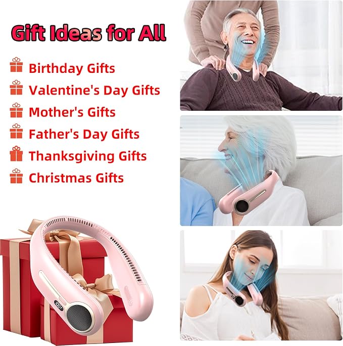 Portable Neck Fan, Personal Wearable Bladeless Fan, 6000mAh USB Rechargeable, 360° Airflow, LED Display, 4-Speeds, Hands Free Fan for Outdoor Indoor, Birthday Gifts for Men Women Dad Mom (Pink)