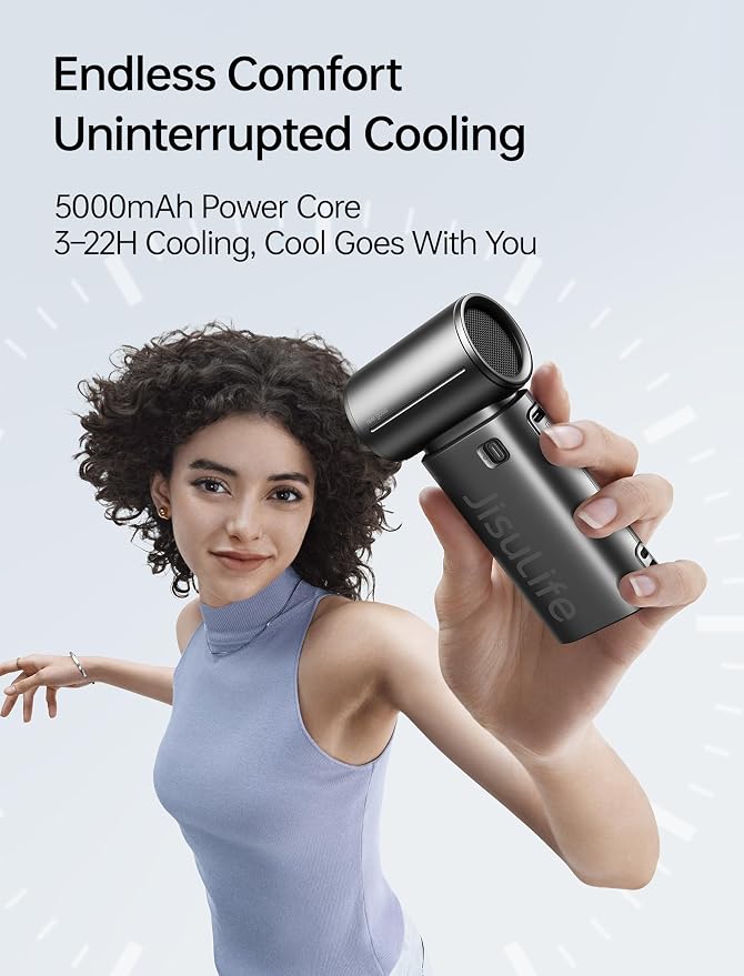 JISULIFE Handheld Fan Life9S - Sleek Chrome: Turbo Power, 22 Hours Cooling | LED Display, 5000mAh, 5-Speeds, Mini Portable Fan for Travel, Cruise, Concerts, Trendy Gifts for Women Men -Black
