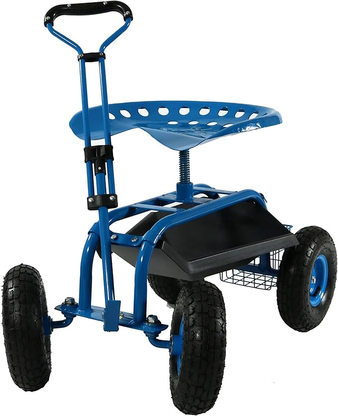 Sunnydaze Garden Seat with Wheels and Adjustable Handle, Blue | Steel Rolling Gardening Seat with Utility Tray for Storage, Rotating, Swiveling Motion