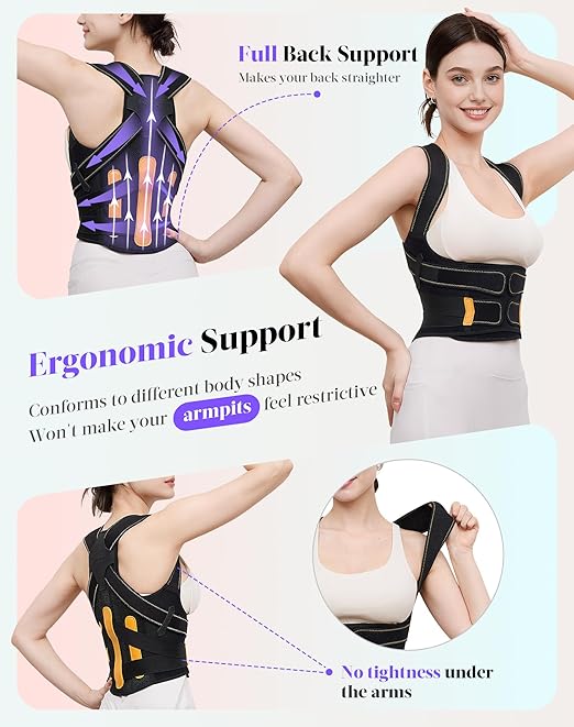 Posture Corrector for Women and Men, Full Back Support Brace, Adjustable Shoulder Straightener, Improving Posture, Relief Upper and Lower Back, Neck Pain, Black Yellow, Large