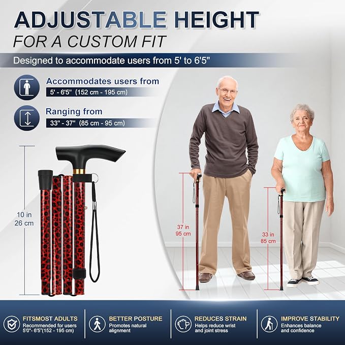 supregear Folding Cane, 5-Level Adjustable Height Walking Stick Lightweight Collapsible Portable Travel Cane with Wrist Strap and T Handle for Elderly Disabled Men Women
