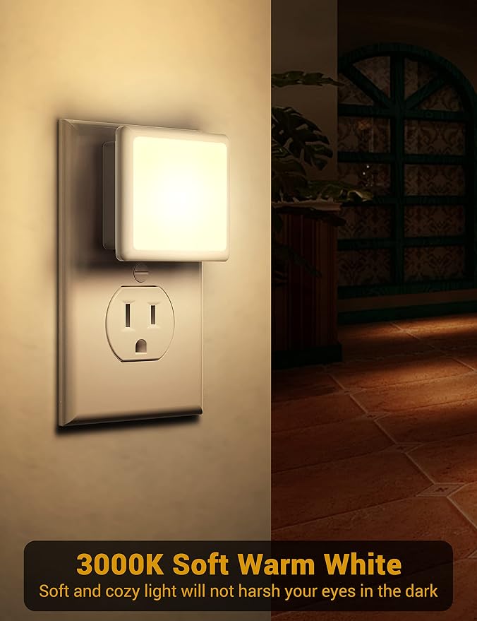 JandCase Night Light, 4 Pack Night Lights Plug into Wall, Auto Light Sensor | 3000K Warm White Nightlight Plug in, LED Night Lights for Kids Adults Bathroom Hallway Kitchen