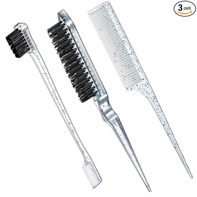 Geiserailie 3 Pcs Slick Back Hair Brush Set Bristle Brush Edge Control Teasing Comb for Women Black Hair(Clear Blue)