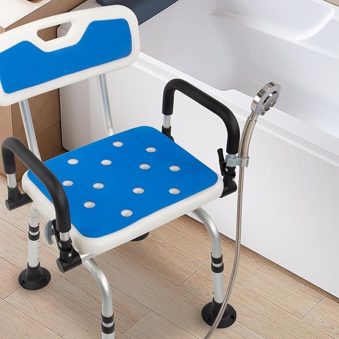 Swivel Shower Chair for Inside Shower with Pivoting Arms, 360° Rotating Shower Chair for Elderly and Disabled, Adjustable Height Swivel Bath Chair with Extra Accessories