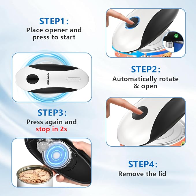 SAKAMOSH Rechargeable Electric Can Opener for Seniors | Cordless Rechargeable, One-Touch Operation, Smooth Edge, Perfect for Seniors, Arthritis, Fit Most Cans for Home Kitchen