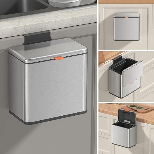 Mbillion 1.05 Gal Silver Hanging Stainless Steel Compost Bin | 4L trash can with lid, cabinet & under sink door mount design, for kitchen, RV and bathroom food waste storage