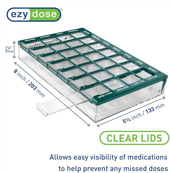 EZY DOSE Pill Organizer Weekly (7-Day), Medicine Planner, Vitamin Case/Box, Medium Compartments with Easy Fill Tray, 4 Times a Day, Easy to Use Containers, Clear Lids, Green, BPA Free