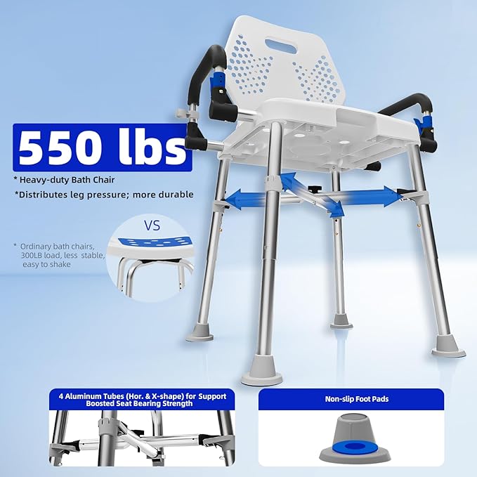 Shower Chair for Seniros Elderly Handicap Disabled or Bariatric Adults with Arms and Back, Bench Seat for Inside Shower stall and Bathroom Bath Tub Seats Adjustable Stool Heavy Duty 500 lbs sit Chairs