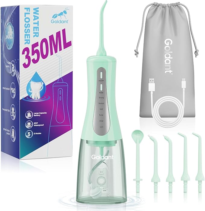 350ML Water Dental Flosser Teeth Pick with Travel Bag, 5 Modes Portable Cordless Oral Irrigator Cleaner, Electric Rechargeable IPX7 Waterproof for Home Travel Teeth Cleaning flossing (Green)