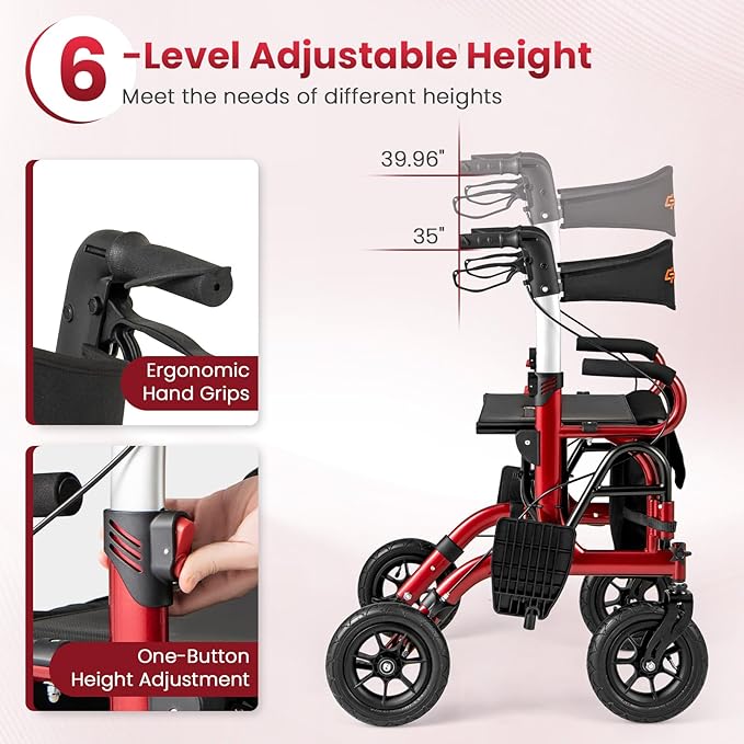 Goplus Walkers for Seniors with Seat, 2 in 1 Folding Rolling Rollator Walker & Wheelchair Combo with Brakes, 9" Pneumatic Tires for All Terrain, Aluminum Adult Mobility Walking Aid