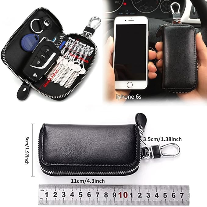 WESTONETEK Unisex Mens Womens Premium Leather Car Key Holder Bag Keychain Case Wallet with 6 Hooks Zipper Closure