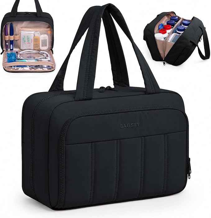 BAGSFY Travel Medicine Bag with 2 Separate Compartments, Wide-Opening Medication Organizer, Puffy Medical Storage Bag for Prescription Bottles, Pill Cases, Medical Supplies,Travel & Family Emergency