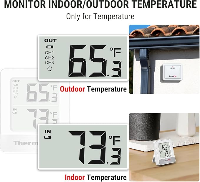 TempPro TempAir 500FT Indoor Outdoor Thermometer Wireless | Outdoor Thermometers for Patio with Temperature Sensor, Room Thermometer for House Home Reptile Baby Room Temperature Monitor