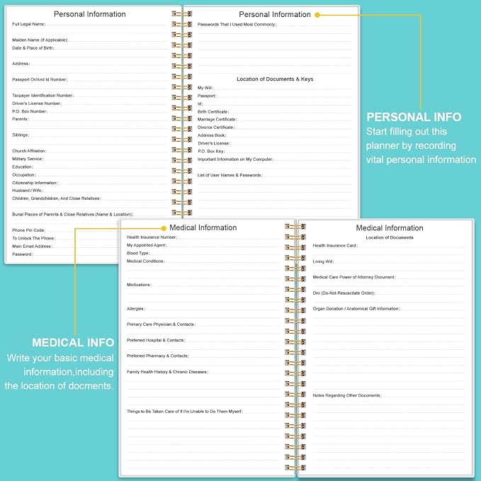 End of Life Planner – Final Arrangements Organizer for Beneficiary, Will Preparation, Last Wishes & Funeral Planning, 5.8" x 8.5", Teal Floral
