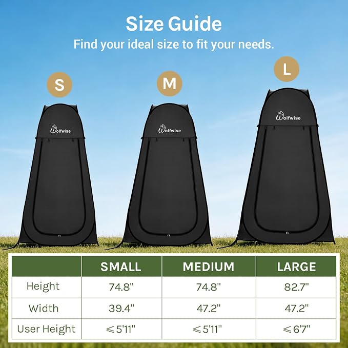 WolfWise Pop Up Shower Tent for Camping Essentials, Compact & Lightweight | Portable Instant Changing Tent with Window & Carry Bag, Privacy Dressing Room Bathroom for Outdoor, 6'3"/6'11" H