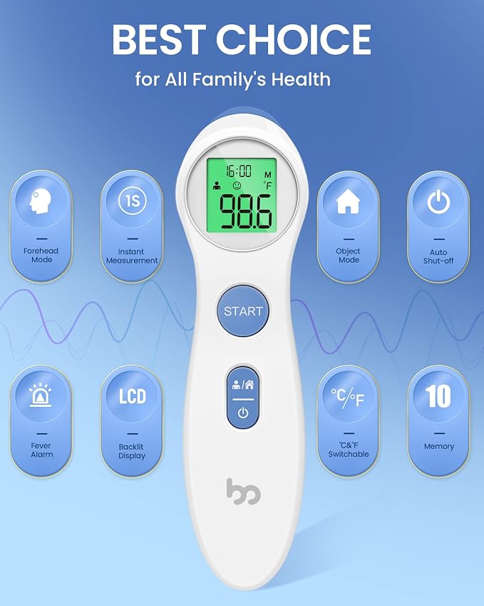 Forehead Thermometer for Adults and Kids, Digital Baby Thermometer | 1s Fast Accurate Reading, 3 Color Fever Alarm, Forehead & Object Mode, Non Contact, Battery Included
