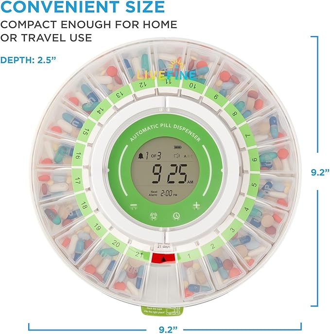 LiveFine Automatic Pill Dispenser with Removable Cups, 21 Compartments, 9 Dosage Rings, Alarm Reminder, LCD Display, Sound & Light Alerts, Locking Key for Vitamins, Supplements, Medications & Seniors