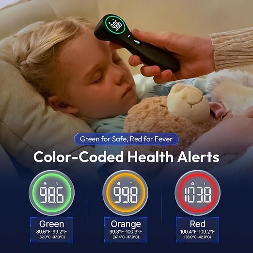 Viproud No-Touch Thermometer for Kids and Adults, 1-Second Reading, Black | Forehead & Object Mode, Fever Indicator, Large Clear LED, Silent Mode, Home Medical, Nurse Accessories, Lifetime Support