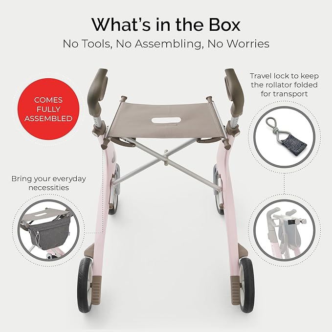 byACRE Carbon Ultralight Rollator Walker - World's Lightest Carbon Rollator - Only 10.6 lbs | Indoor and Outdoor Use | Foldable with seat and Easy to Travel with (Pale Rose, Wide Track)