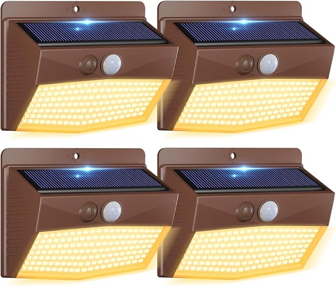 4 Pack Solar Motion Sensor Lights Outdoor Waterproof with 3 Modes | Warm White, Brown Frame, LED, Solar Powered, Security Lighting for Outside Wall Garden Fence Yard Deck Patio Garage