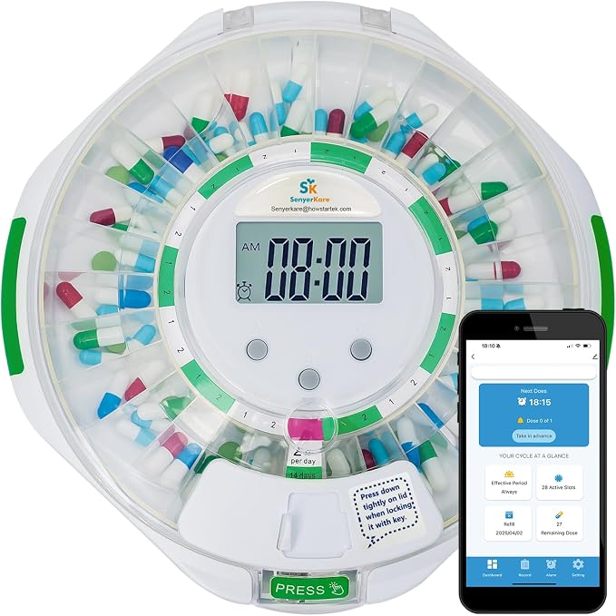 Bluetooth Automatic Pill Dispenser for Elderly with APP Alarm | Medication Track History, Sound/Light Alert, Up to 9 Daily Doses, 28 Day Locked Medication Organizer for Dementia & Caregiver