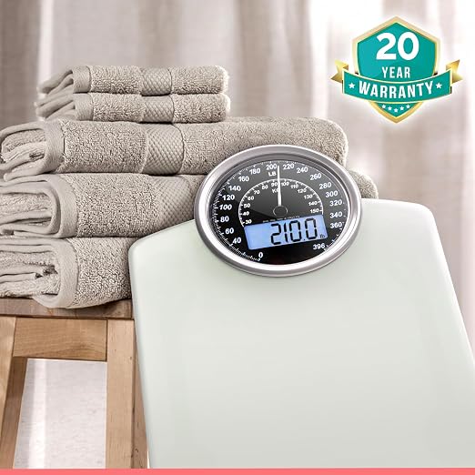 Hybrid Bathroom Scale - Analog & Digital Display, Accurate to 400 lbs | See weight on both an analog dial and digital LCD at once. Wide glass platform, accurate to 0.2 lbs, batteries included.