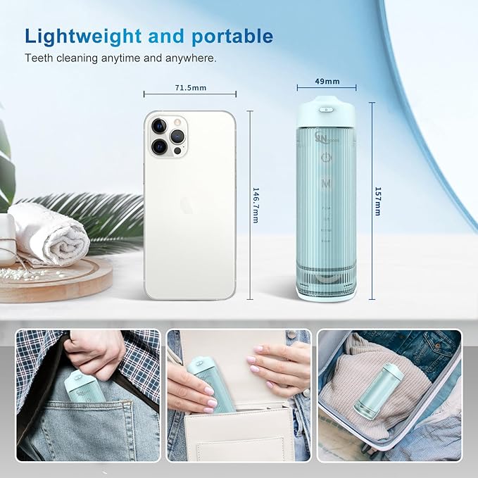 Mini Portable Water Flosser Oral Irrigator Water Teeth Cleaner Pick, Telescopic Water Tank, 4 Modes & IPX7 Waterproof, Home & Travel Water Flossers for Teeth, Braces Bridges Care. (Pearl Blue)