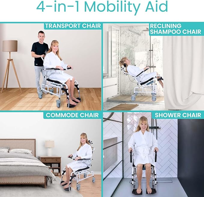 Vive Reclining Shower Chair with Wheels - Commode Wheelchair for Seniors, Disabled, Bariatric & Handicap - Padded Transfer Rolling Chairs with Arms - Portable & Waterproof - Extra Wide Seat